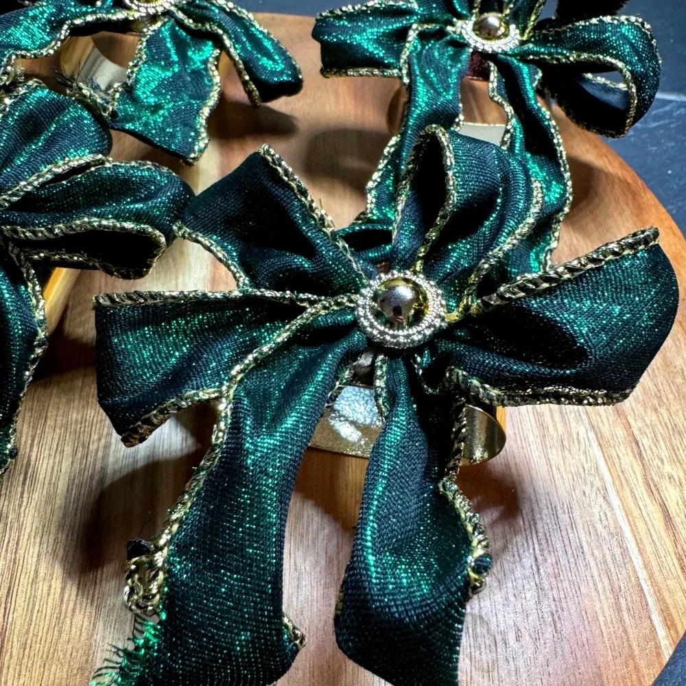 Vintage Green Metallic Bow Napkin Rings Gold Trim Holiday Table Decor Set of 8